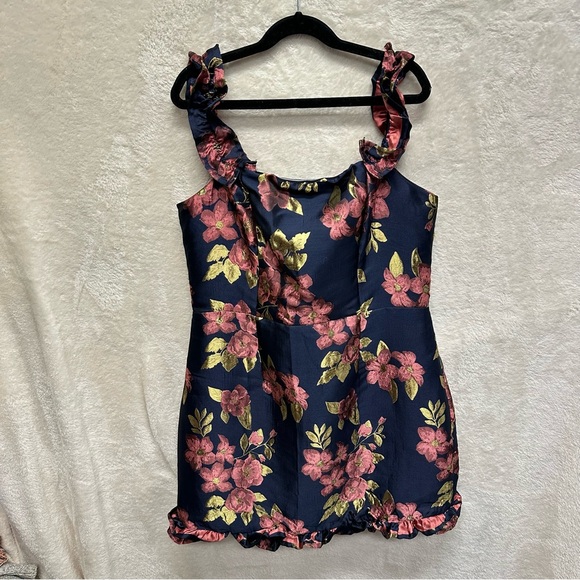 Lulus Pop the Bottle Navy Blue Floral Jacquard Ruffled Mini Dress medium - Picture 8 of 10